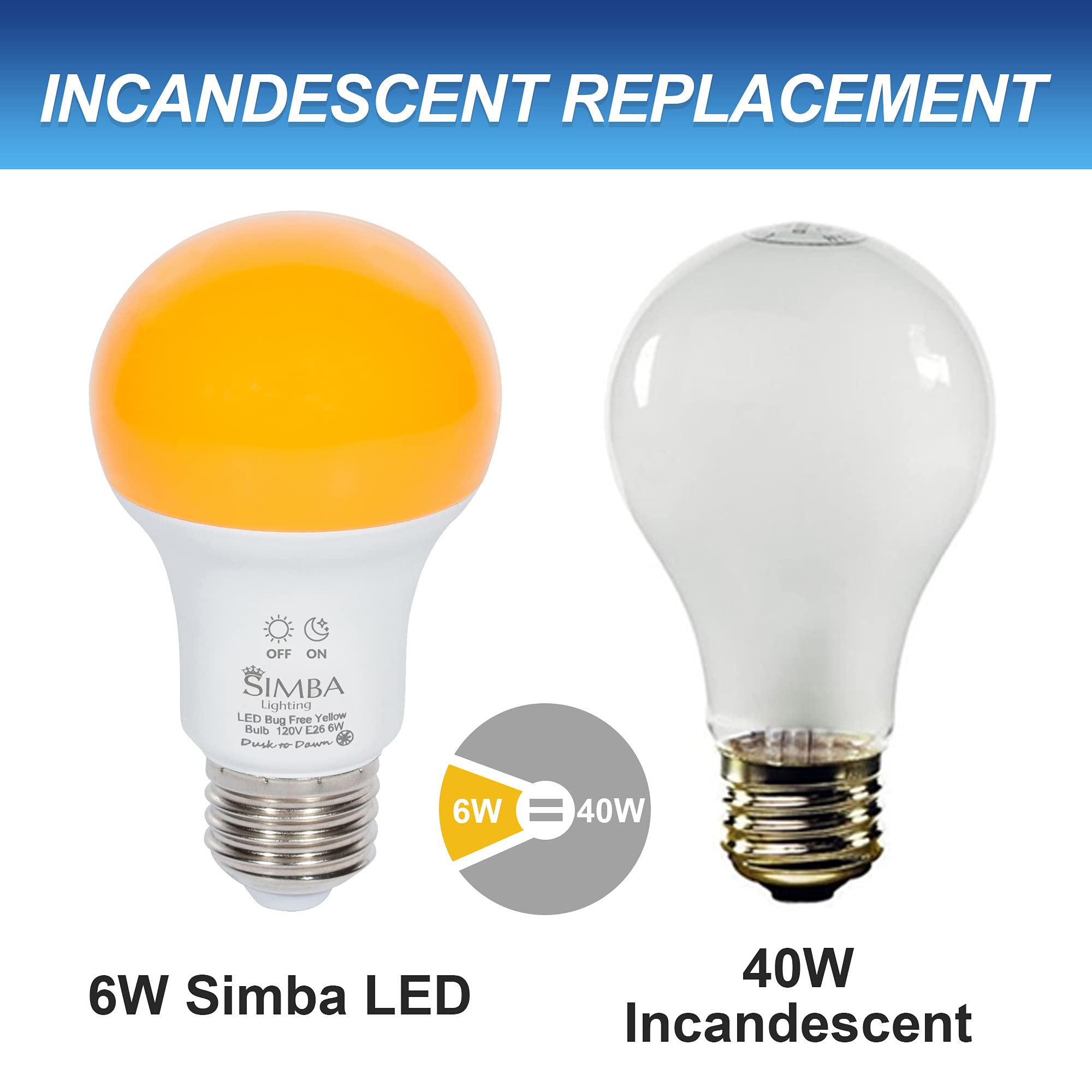 Simba Lighting Bug Non-Attracting Yellow LED Bulb 6W 40W Equivalent, Great for Outdoor Porch Light, Night Light, Dusk-to-Dawn Smart Sensor Auto On/Off, Amber Warm 2000K, A19 E26 Medium Base, Pack of 2