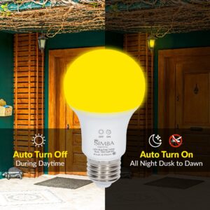 Simba Lighting Bug Non-Attracting Yellow LED Bulb 6W 40W Equivalent, Great for Outdoor Porch Light, Night Light, Dusk-to-Dawn Smart Sensor Auto On/Off, Amber Warm 2000K, A19 E26 Medium Base, Pack of 2