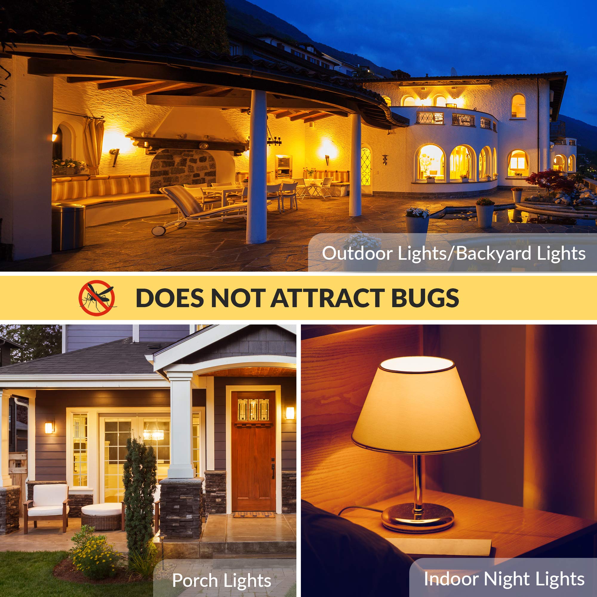 Simba Lighting Bug Non-Attracting Yellow LED Bulb 6W 40W Equivalent, Great for Outdoor Porch Light, Night Light, Dusk-to-Dawn Smart Sensor Auto On/Off, Amber Warm 2000K, A19 E26 Medium Base, Pack of 2