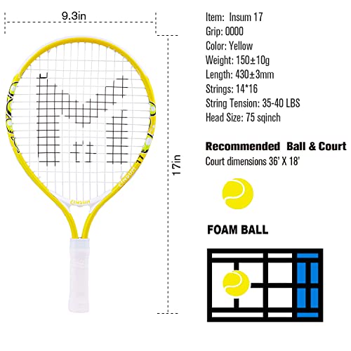 insum 17'' Junior Tennis Racket for Aged 2-3 Y with Strap Bag Kids Tennis Racquet (17inch-Yellow)