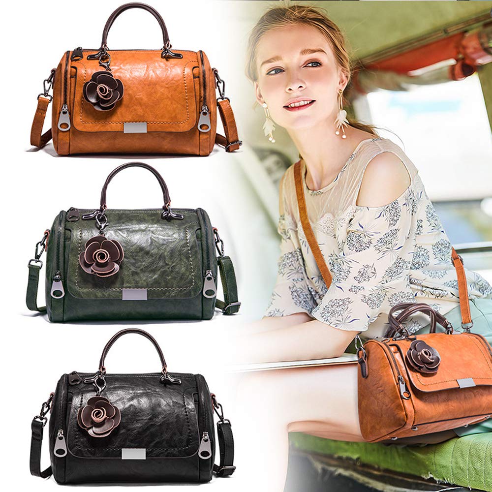 Boston Bags for Women Medium Top Handle Satchel Brown Round Purse Flower Leather Handbag