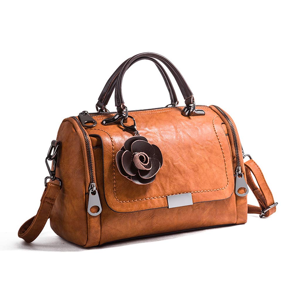 Boston Bags for Women Medium Top Handle Satchel Brown Round Purse Flower Leather Handbag