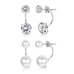 sllaiss 2 pairs sterling silver double ball ear jacket earrings set cubic zirconia round pearl jewelry for women (silver)