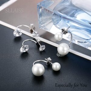 Sllaiss 2 Pairs Sterling Silver Double Ball Ear Jacket Earrings Set Cubic Zirconia Round Pearl Jewelry for Women (Silver)