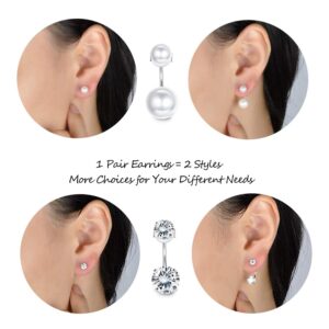 Sllaiss 2 Pairs Sterling Silver Double Ball Ear Jacket Earrings Set Cubic Zirconia Round Pearl Jewelry for Women (Silver)