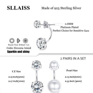 Sllaiss 2 Pairs Sterling Silver Double Ball Ear Jacket Earrings Set Cubic Zirconia Round Pearl Jewelry for Women (Silver)