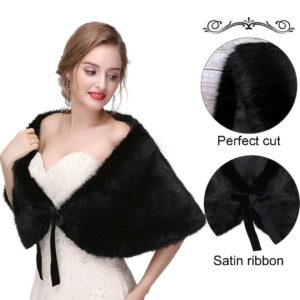 Olbye Women's Faux Fur Shawls and Wraps Wedding Fur Wrap 1920 Bridal Fur Stole Sleeveless Scarf for Bride and Bridesmaid (Black)