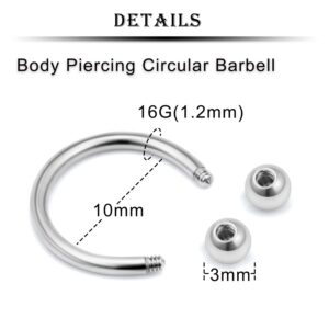 Kridzisw 16G Septum Ring Jewelry Gauges Earrings Surgical Stainless Steel Horseshoe Septum Nose Eyebrow lip Ring Cartilage Helix Tragus Rook Daith Earrings Hoop Smiley Piercing Jewelry Women Men 10mm