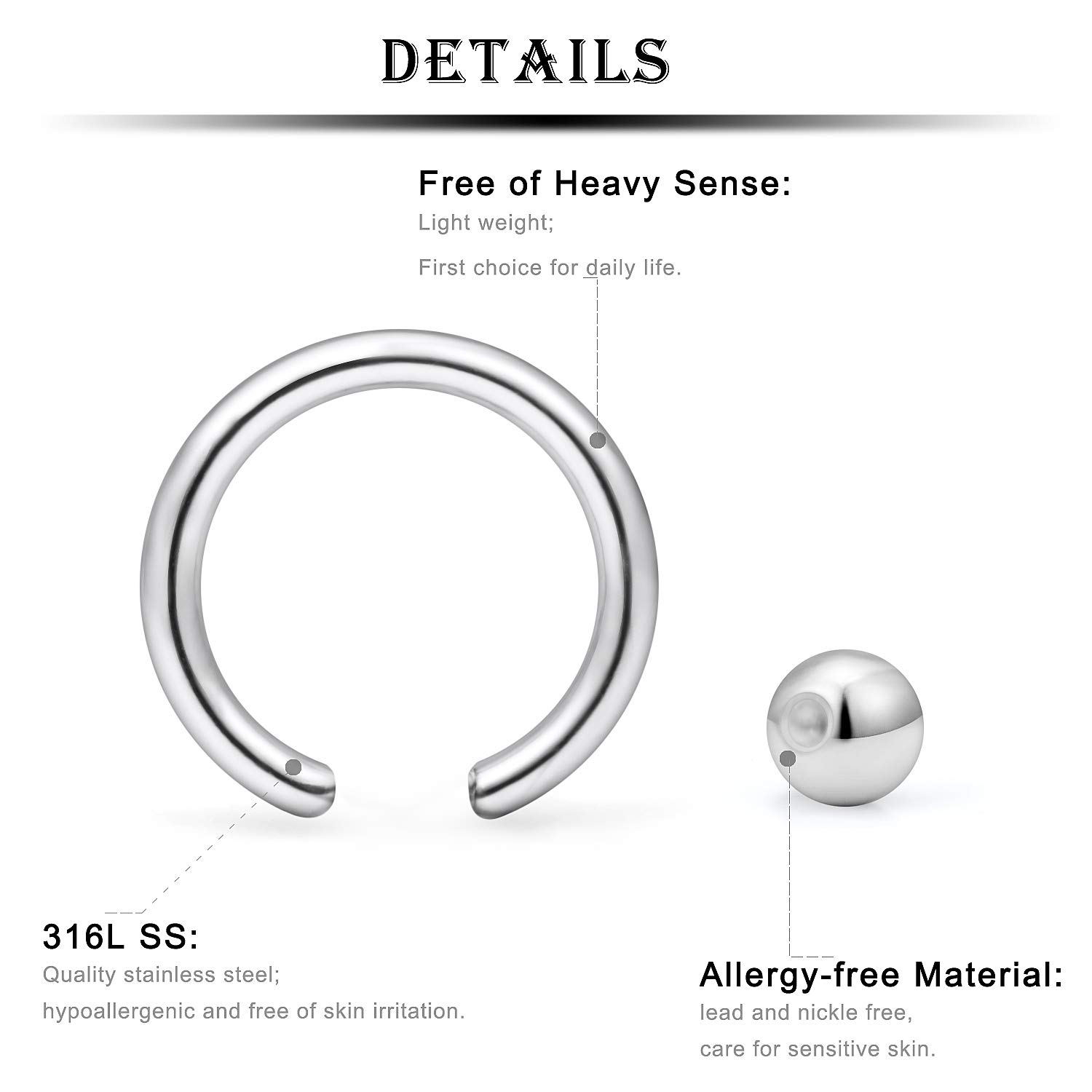 Kridzisw 16G Septum Ring Jewelry Gauges Earrings Surgical Stainless Steel Horseshoe Septum Nose Eyebrow lip Ring Cartilage Helix Tragus Rook Daith Earrings Hoop Smiley Piercing Jewelry Women Men 10mm