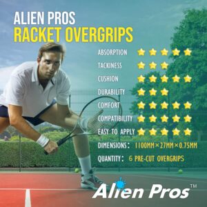 ALIEN PROS Tennis Racket Grip Tape (6 Grips) - Precut and Dry Feel Tennis Grip - Tennis Overgrip Grip Tape Tennis Racket - Wrap Your Racquet for High Performance (6 Grips, Black)