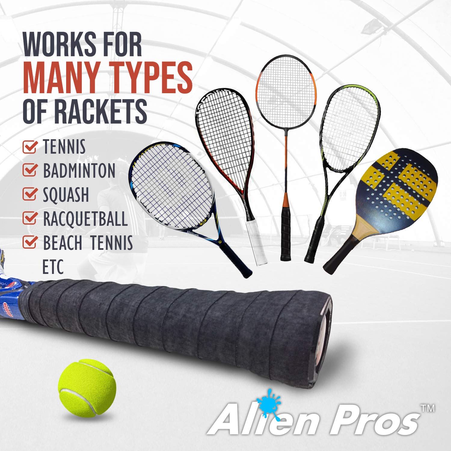 ALIEN PROS Tennis Racket Grip Tape (6 Grips) - Precut and Dry Feel Tennis Grip - Tennis Overgrip Grip Tape Tennis Racket - Wrap Your Racquet for High Performance (6 Grips, Black)