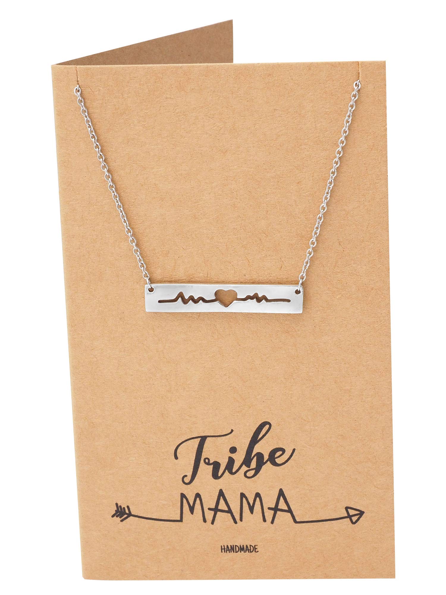 quan jewelry Tribe Mama Bar Heartbeat Heart Pendant Necklace, Fiendship EKG Bar Necklaces for Mom. Mom Necklace for Expecting Mothers and Women with Greeting Card