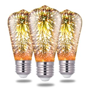 porseme 3d fireworks decorative light bulb, e26 base, 4w, ac100-240v, glass bulbs with soft warm light, shiny decor for home, bedroom, party (included 3-pack st19 bulbs)