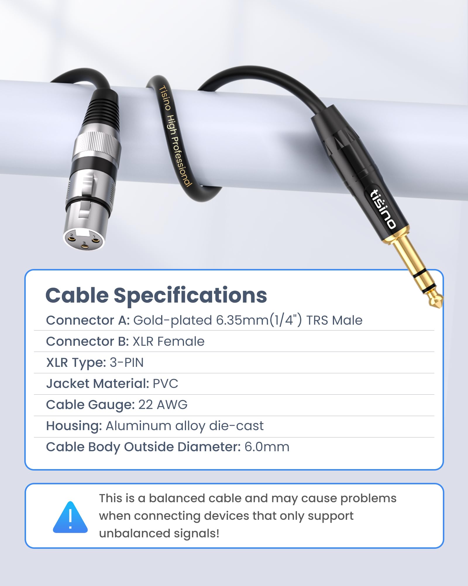 tisino XLR Female to 1/4 Inch (6.35mm) TRS Jack Lead Balanced Signal Interconnect Cable XLR to Quarter inch Patch Cable - 3.3 Feet