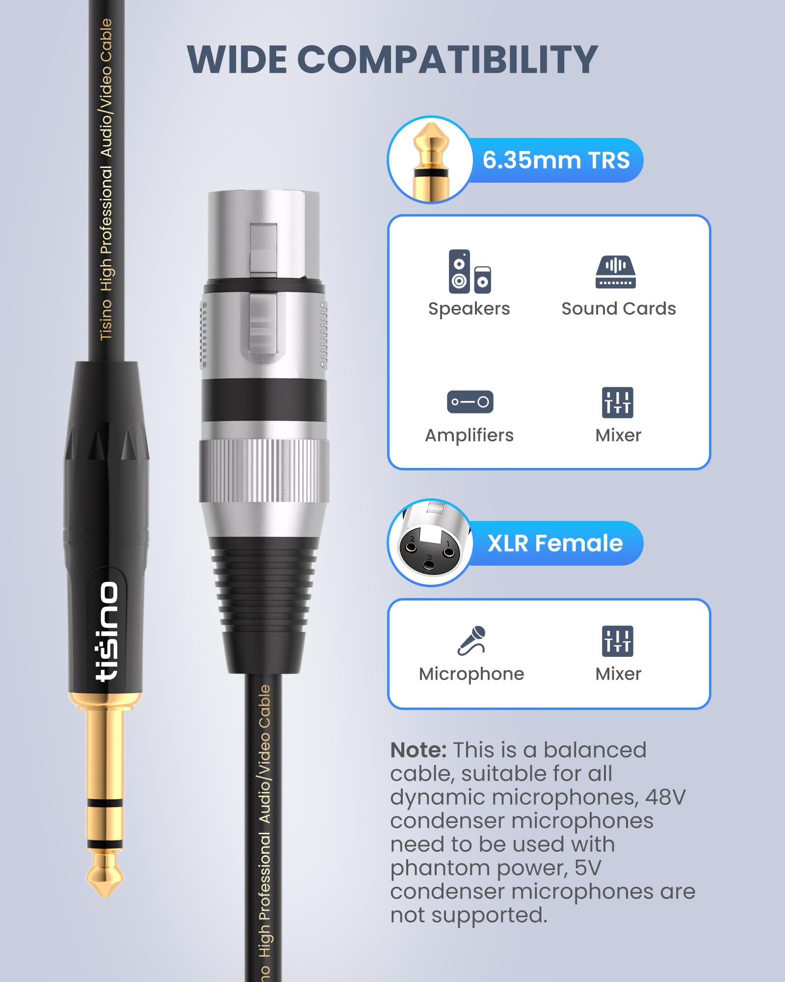 tisino XLR Female to 1/4 Inch (6.35mm) TRS Jack Lead Balanced Signal Interconnect Cable XLR to Quarter inch Patch Cable - 3.3 Feet