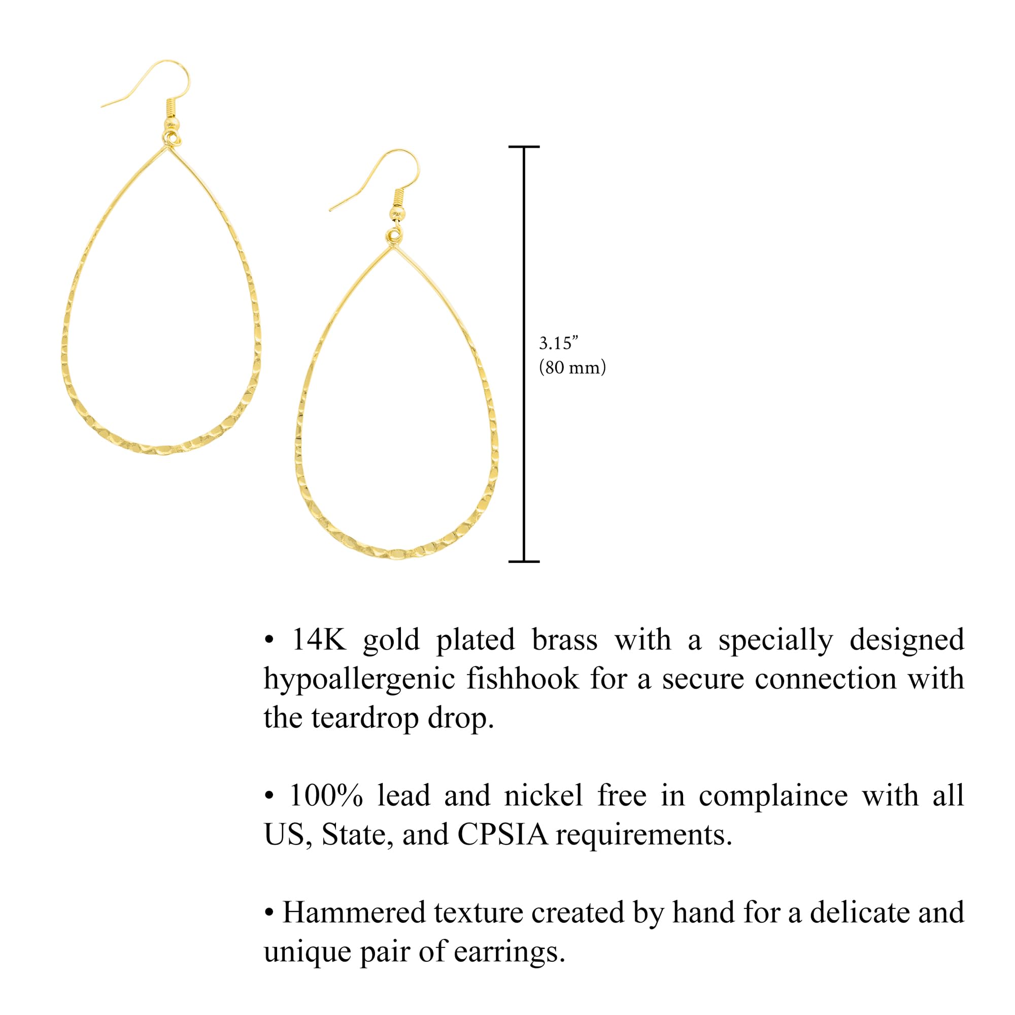 Columbus 14K Gold Plated Lightweight Statement Teardrop Hoop Earrings - Hammered Texture Drop Earrings (Gold)