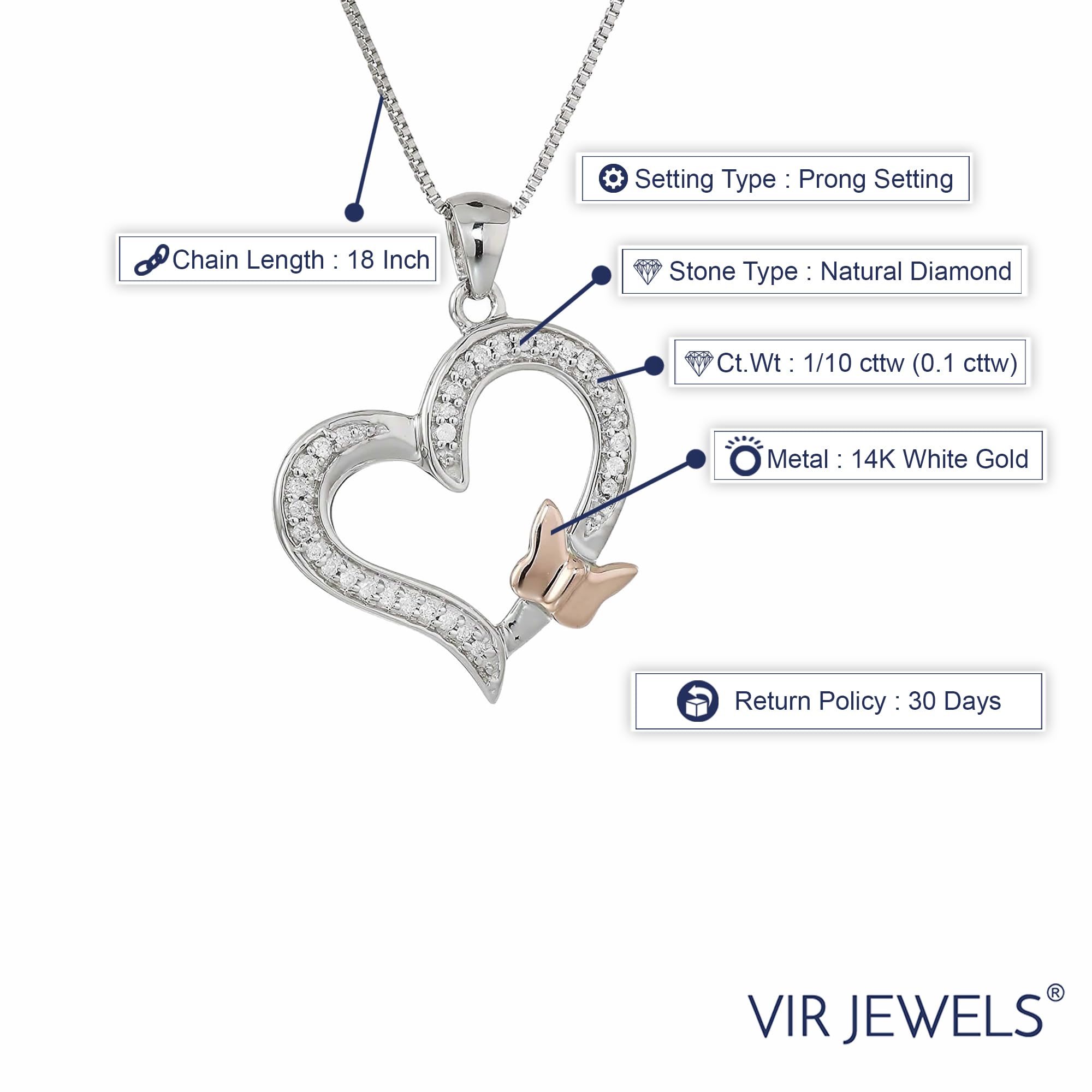 Vir Jewels 1/10 cttw Diamond Pendant, Diamond Butterfly and Heart Pendant Necklace for Women in 14K Gold with 18 Inch Chain, Prong Setting