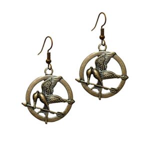 gold tone vintage tiny birds - "mockingjay" prop rep pin antique brass colored pendant steampunk dangle earrings inspired by movie replica model for women lady gifts collection (earring2017)