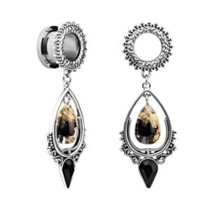 tbosen stainless steel teardrop black obsidian stone large dangle bridal plug ear gauges stretching tapers screw fit tunnels (gauge:00g(10mm))