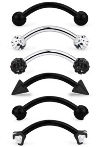 dyknasz 6 pcs 16g stainless steel eyebrow piercing rings clear cz curved barbell helix daith piercing body jewelry for women men black