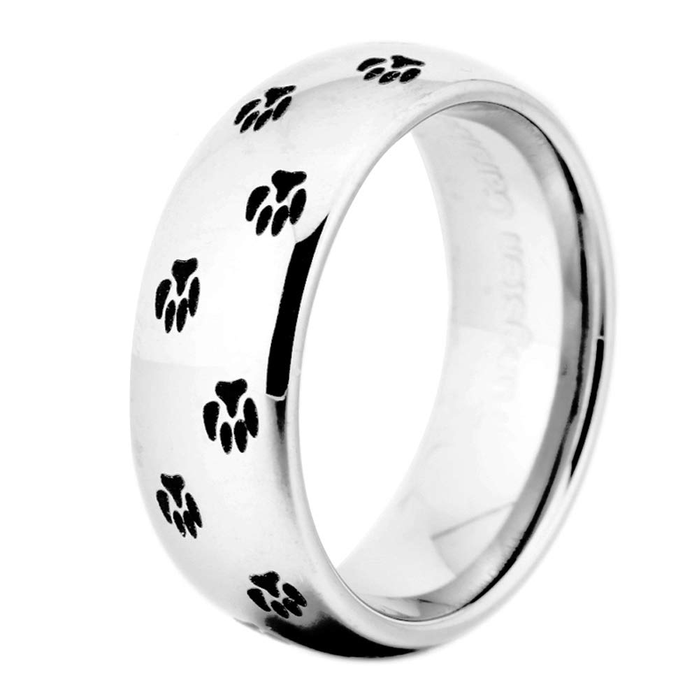 CLOUD DANCER Tungsten Carbide Wedding Ring 8mm Silver/Black/Blue Dome Dog Paw Print Design, Comfort Fit (Sliver, 11)