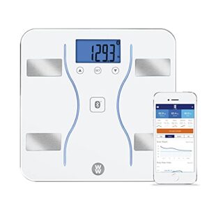 Weight Watchers Scales by Conair Bathroom Scale for Body Weight, Glass Digital Scale, Body Analysis Measures Body Fat, Body Water, BMI, Bone Mass & Muscle, Measures Weight up to 400 Lbs White