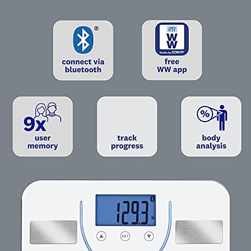 Weight Watchers Scales by Conair Bathroom Scale for Body Weight, Glass Digital Scale, Body Analysis Measures Body Fat, Body Water, BMI, Bone Mass & Muscle, Measures Weight up to 400 Lbs White