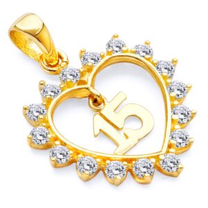 14k REAL Yellow Gold CZ 15 Years Heart Charm Pendant