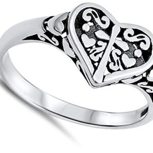 Filigree Heart Cross Oxidized Purity Ring .925 Sterling Silver Band Size 8