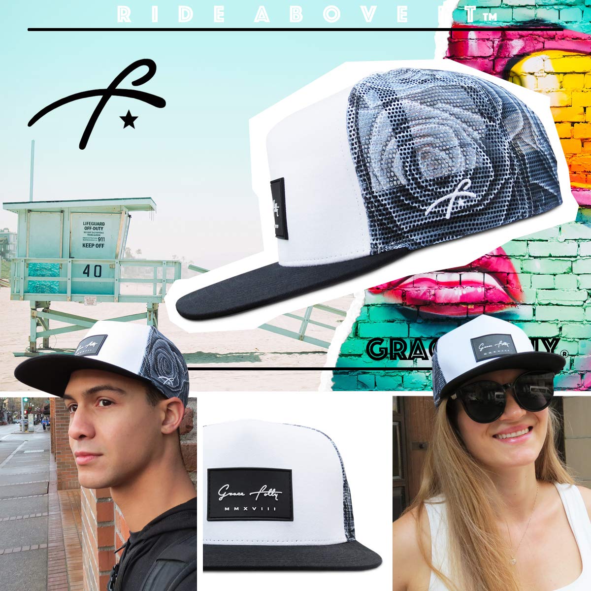 Grace Folly Trucker Hat for Men & Women. Snapback Mesh Caps (One Size, Rose- Gray)