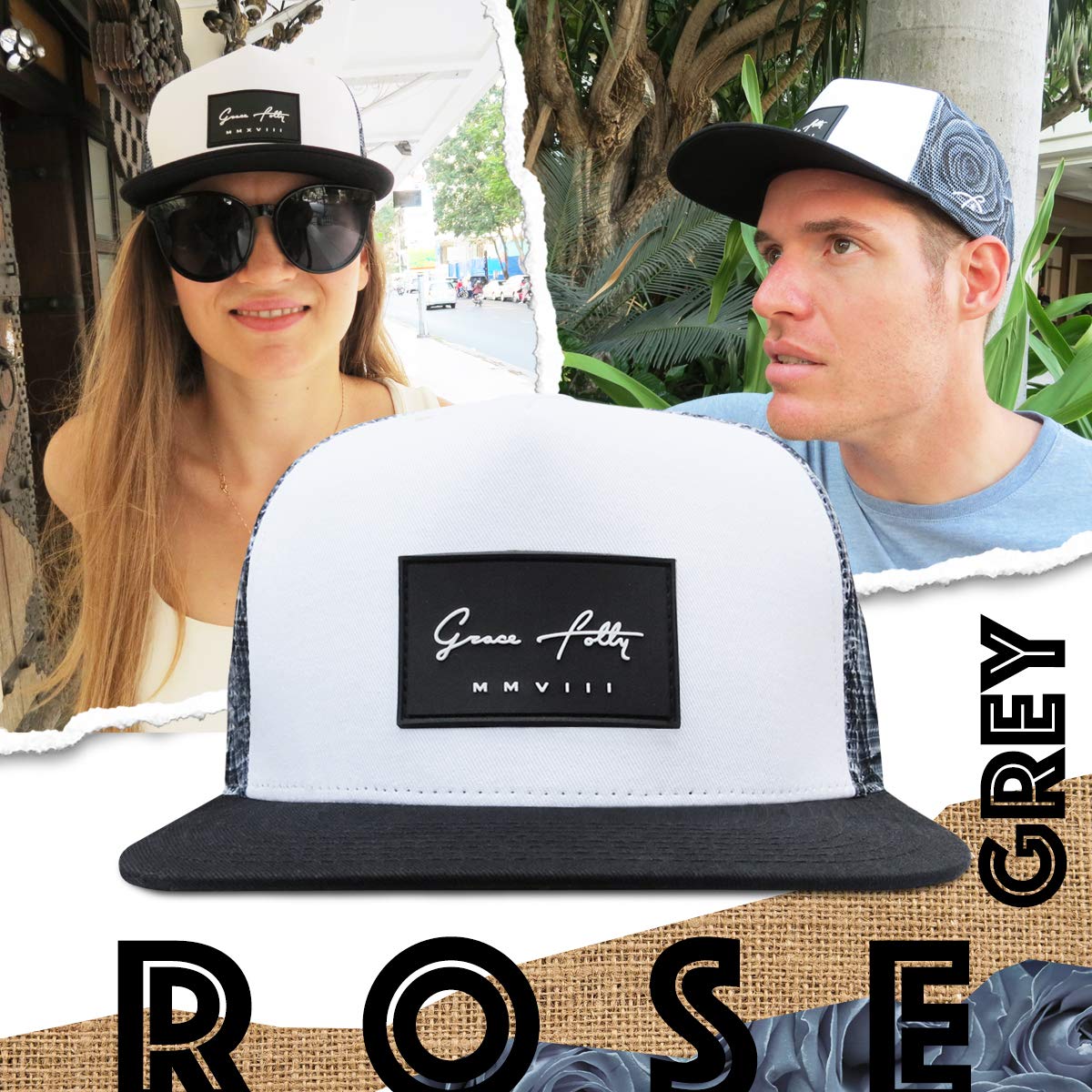 Grace Folly Trucker Hat for Men & Women. Snapback Mesh Caps (One Size, Rose- Gray)