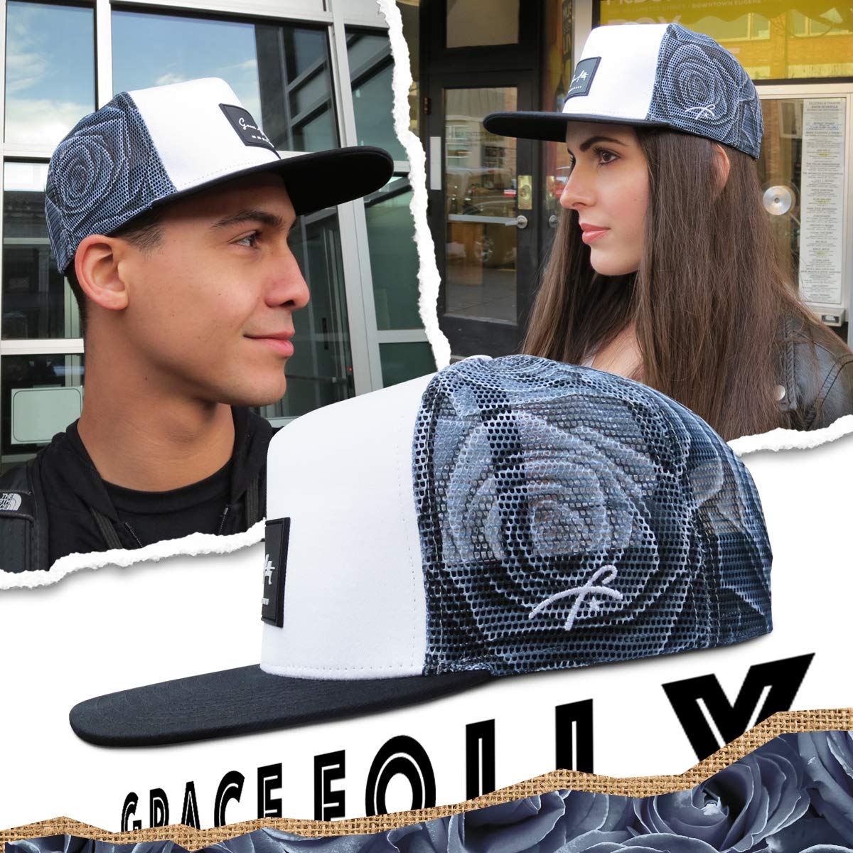 Grace Folly Trucker Hat for Men & Women. Snapback Mesh Caps (One Size, Rose- Gray)