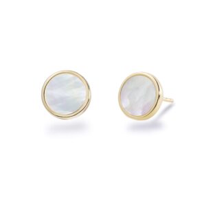 S.Leaf Minimalism Mother of Pearl Stud Earrings Sterling Silver Round Disc Stud Earrings for Women (yellow gold)