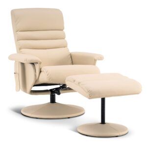 MCombo Recliner with Ottoman, Reclining Chair with Massage, 360 Swivel Living Room Chair Faux Leather 7902 (Cream White)