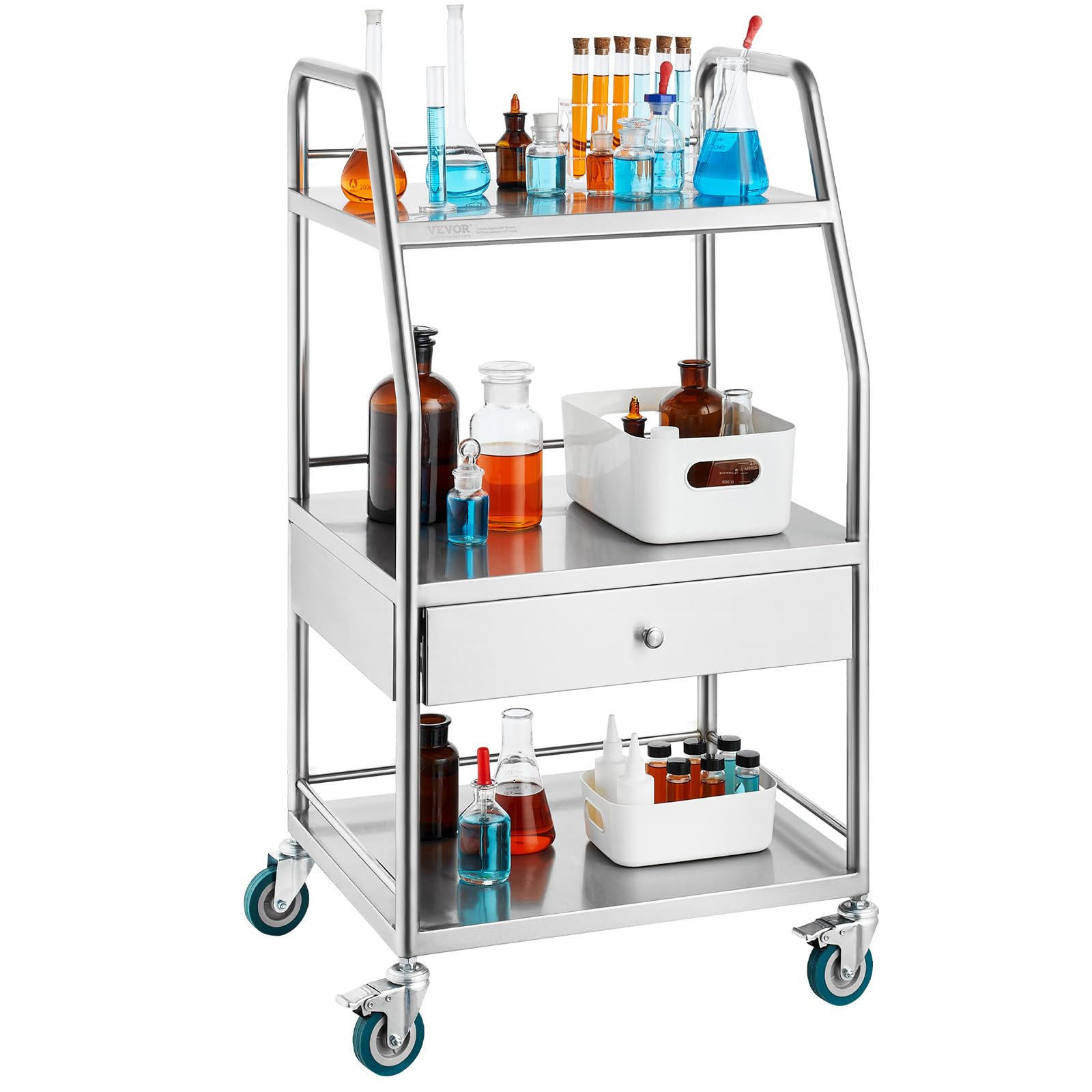 VEVOR Utility Cart with 3 Shelves Shelf Stainless Steel with Wheels Rolling Cart Commercial Wheel Dental Lab Cart Utility Services (3 Shelves/ 1 Drawer)