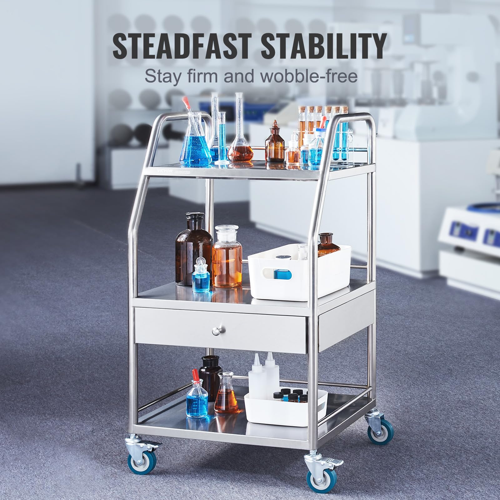 VEVOR Utility Cart with 3 Shelves Shelf Stainless Steel with Wheels Rolling Cart Commercial Wheel Dental Lab Cart Utility Services (3 Shelves/ 1 Drawer)