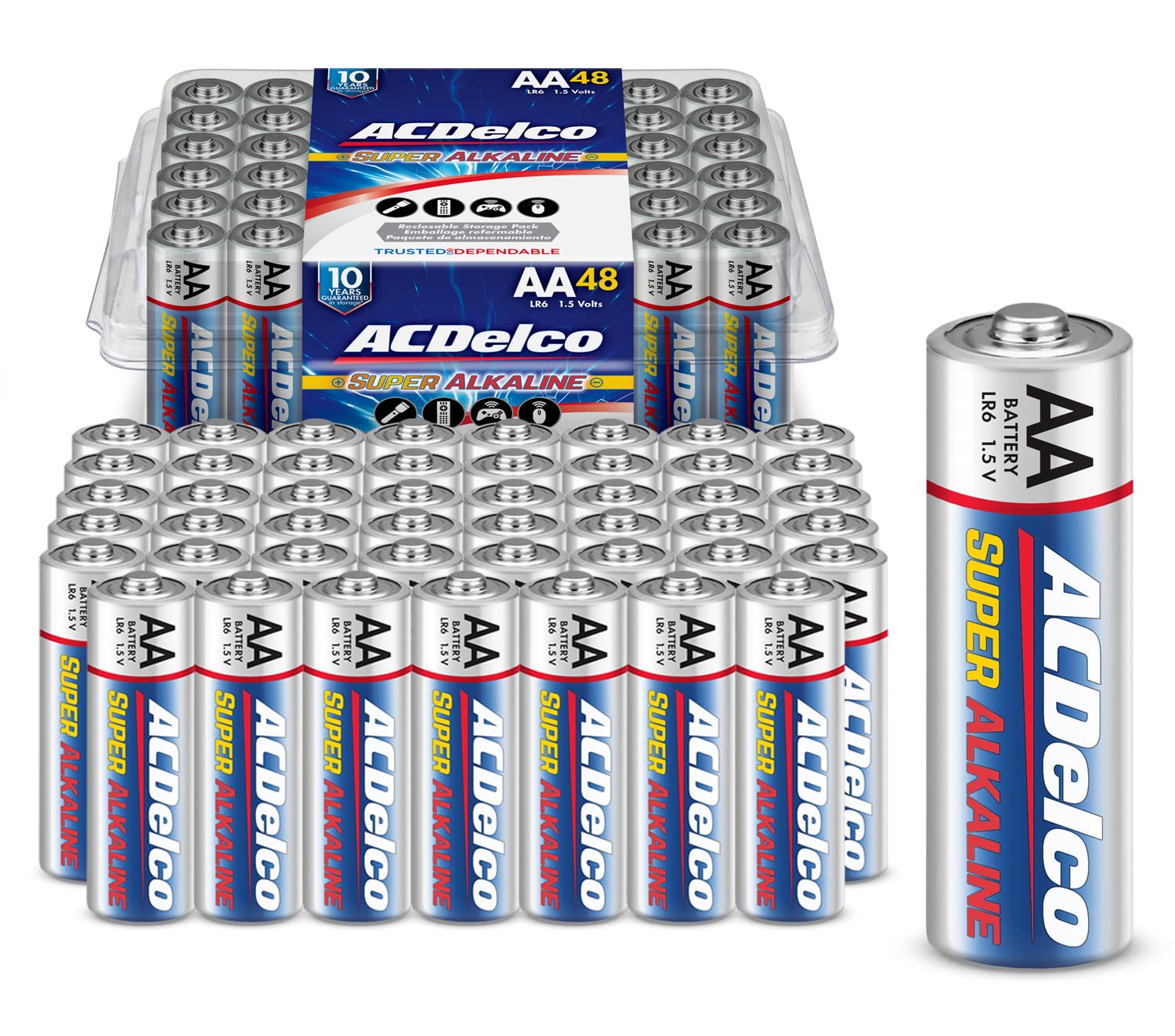 ACDelco 48-Count AA Batteries, Maximum Power Super Alkaline Battery, 10-Year Shelf Life, Recloseable Packaging