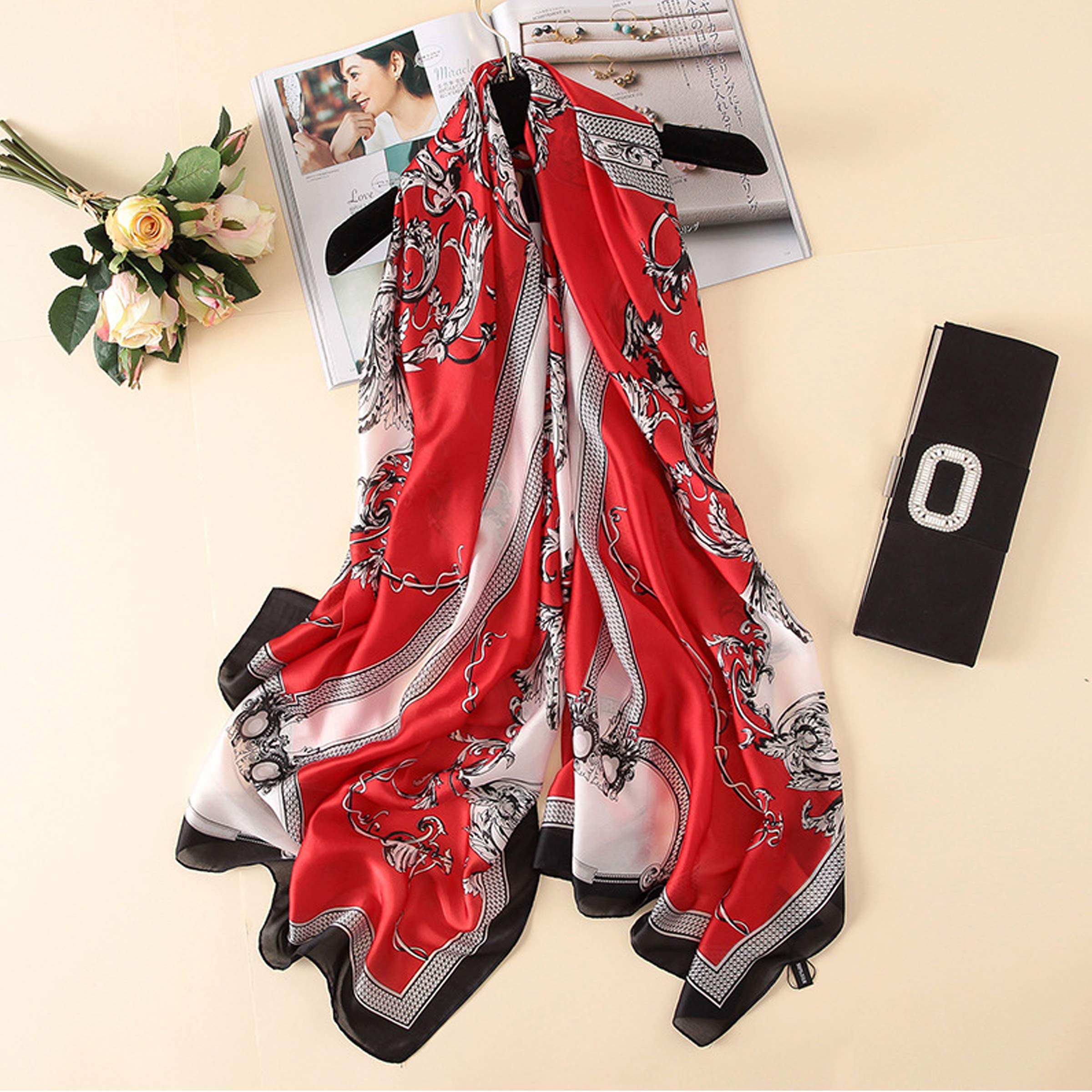 YMXHHB Silk Scarf 100% Mulberry Silk Fashion Scarves Long Lightweight Shawl Wrap (6710 Red)