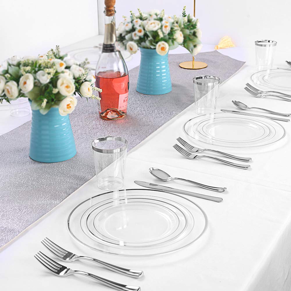 I00000 96 Pieces Clear Silver Plastic Plates, Clear Disposable Plates with Silver Rim Heavy Duty Fancy Wedding Party Plates Include 48 Dinner Plates 10.25" and 48 Dessert Appetizer Plates 7.5"