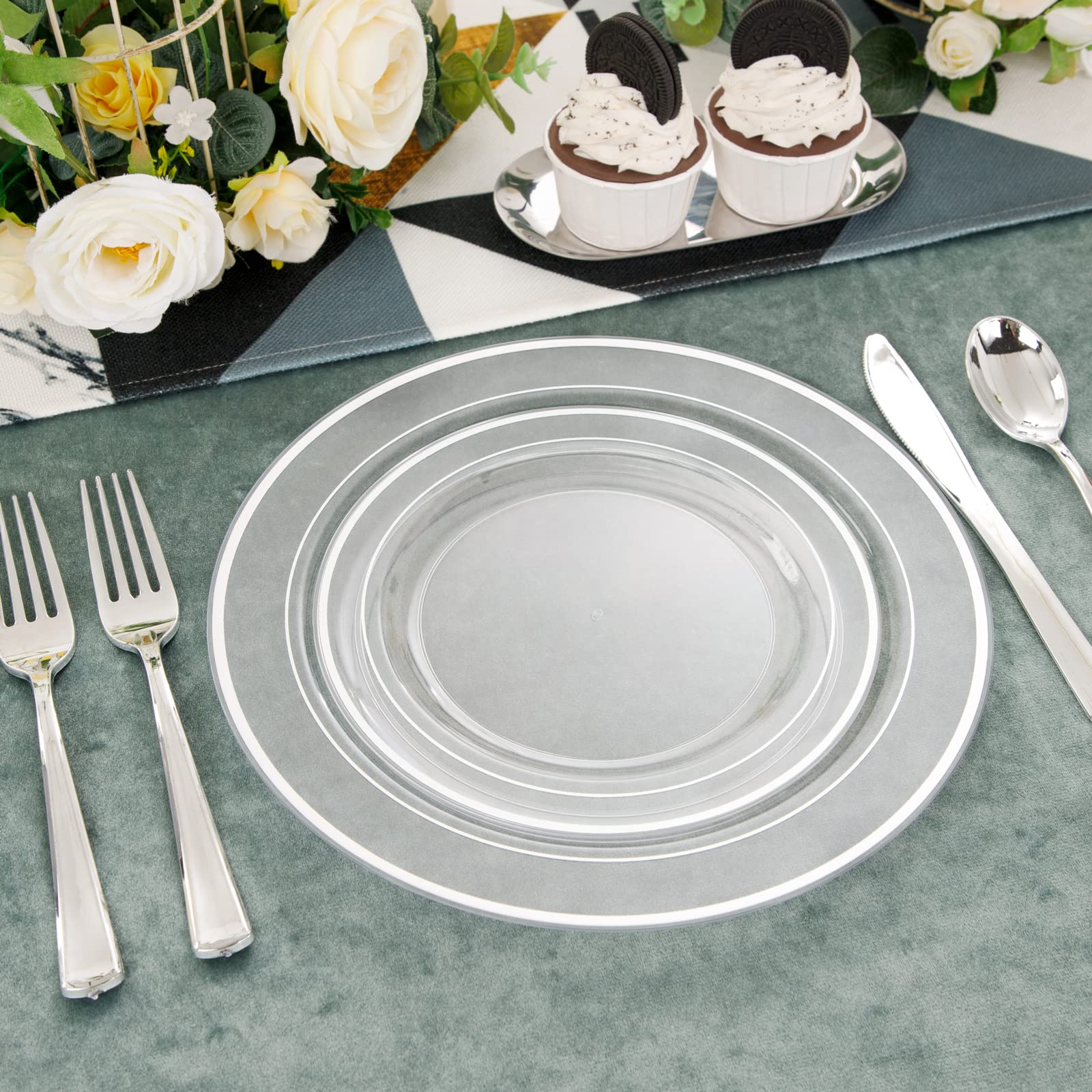 I00000 96 Pieces Clear Silver Plastic Plates, Clear Disposable Plates with Silver Rim Heavy Duty Fancy Wedding Party Plates Include 48 Dinner Plates 10.25" and 48 Dessert Appetizer Plates 7.5"