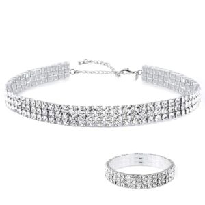 zealmer women white gold plated 3 rows rhinestone choker necklace & bracelets set