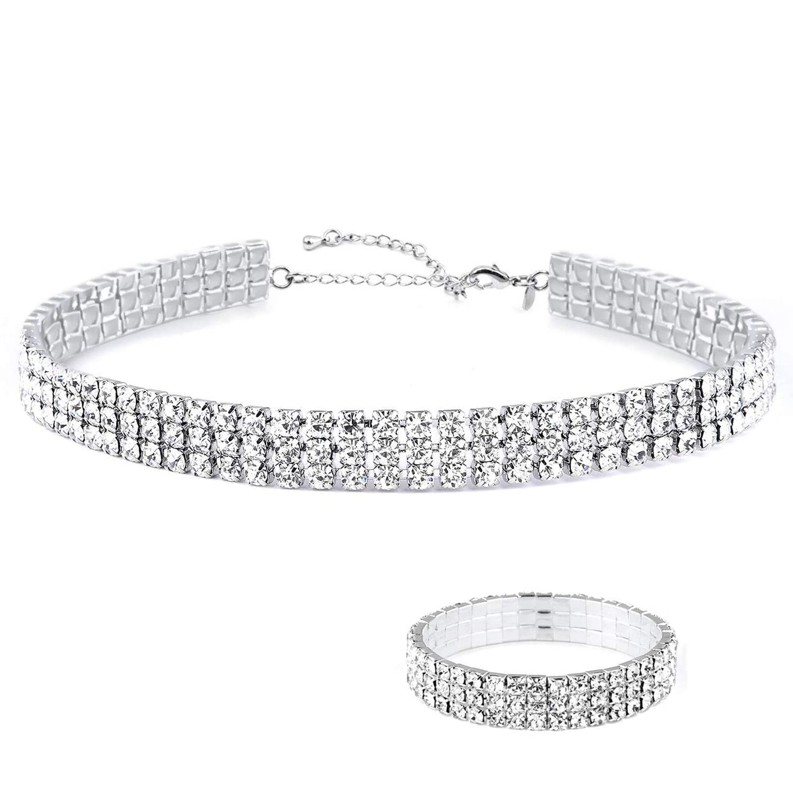 Zealmer Women White Gold Plated 3 Rows Rhinestone Choker Necklace & Bracelets Set