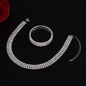 Zealmer Women White Gold Plated 3 Rows Rhinestone Choker Necklace & Bracelets Set