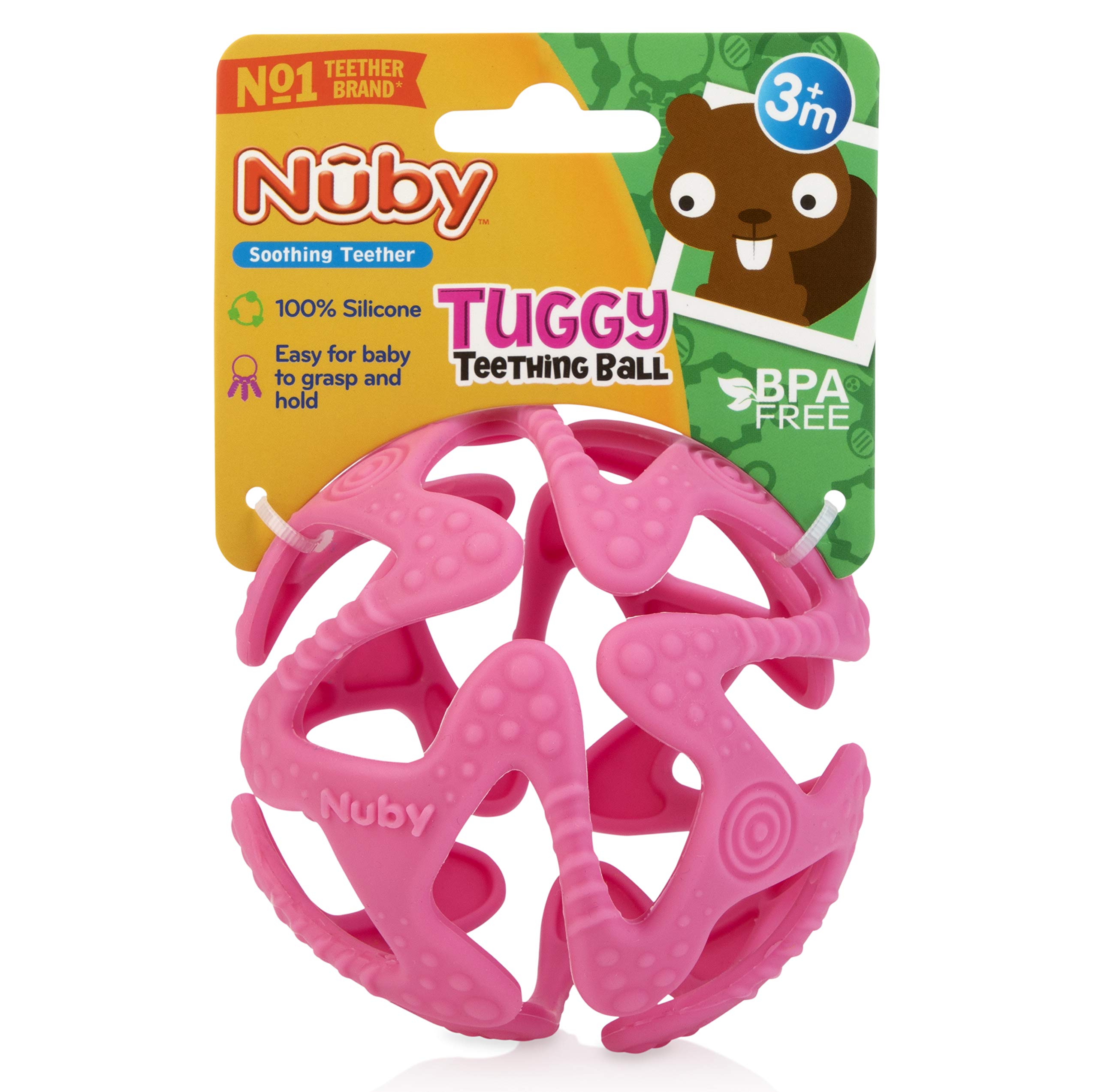 Nuby 100% Silicone Tuggy Teether Ball, 6 Months +, Colors May Vary 1 Count (Pack of 1)