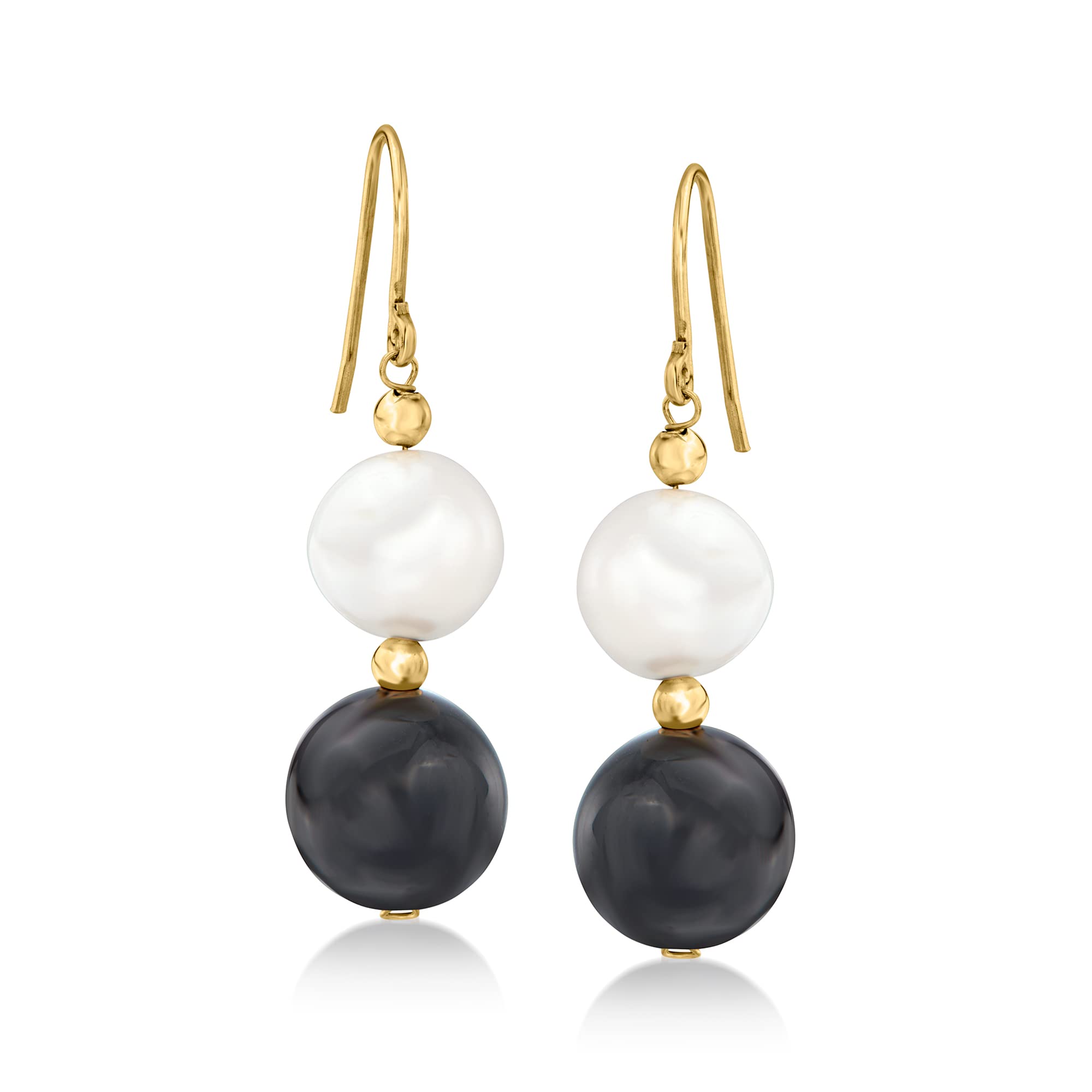 Ross-Simons 12mm Onyx Bead and 11-11.5mm Cultured Pearl Drop Earrings in 14kt Yellow Gold