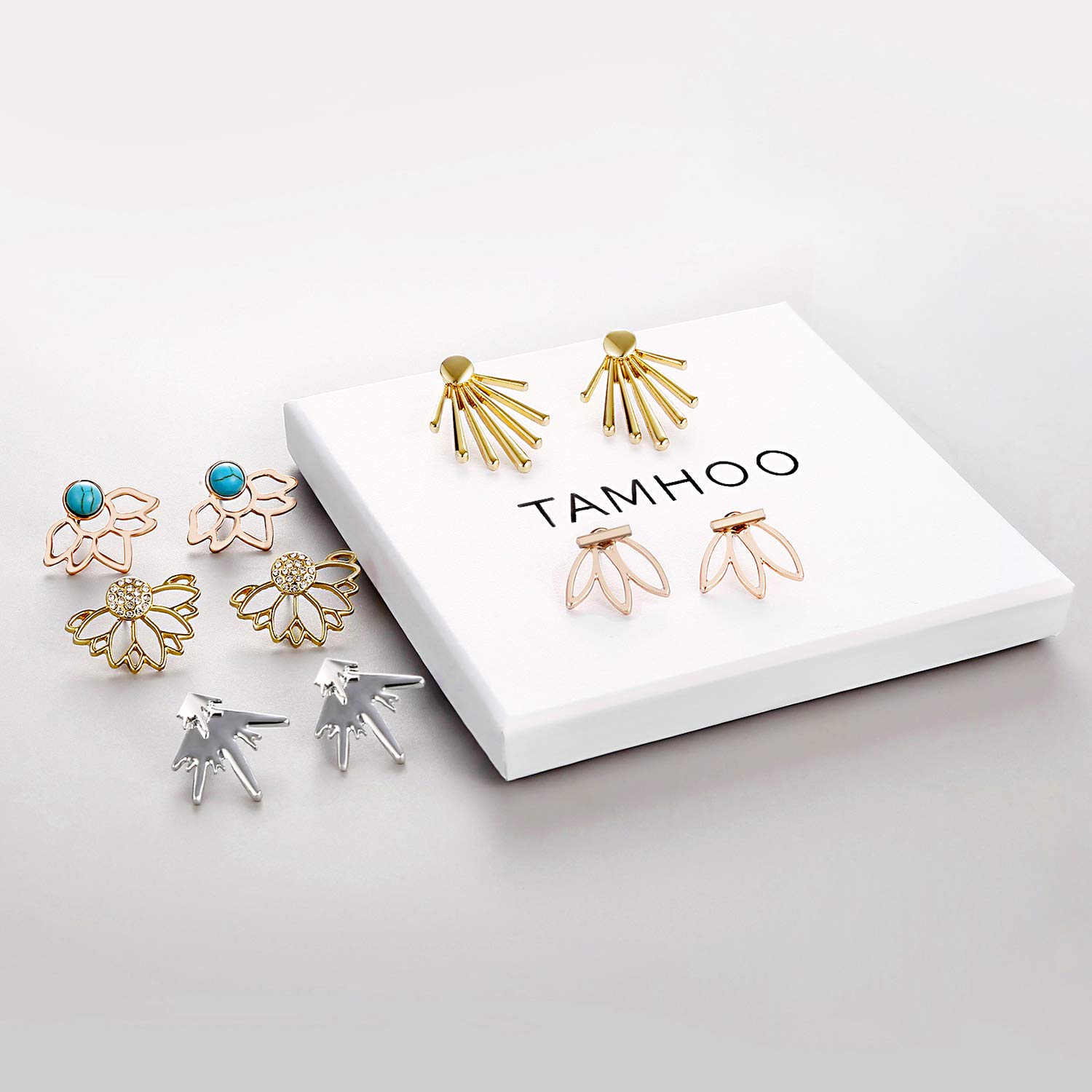 18 Pairs Multiple Dainty Lotus Flower Ear Jacket Earrings-Minimalism CZ Bar Turquoise Studs-White Rose Gold Plated Statement Chic Fashion Stud Earring Set New Year Christmas Gift for Teens Girl Women