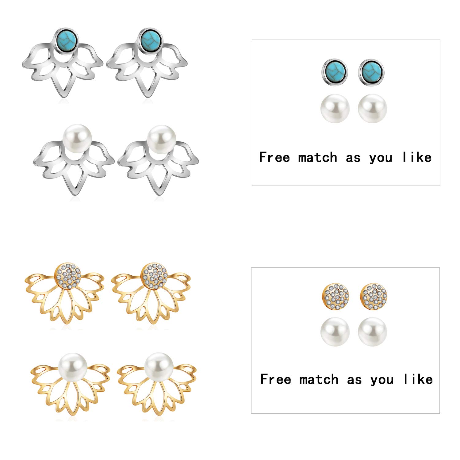 18 Pairs Multiple Dainty Lotus Flower Ear Jacket Earrings-Minimalism CZ Bar Turquoise Studs-White Rose Gold Plated Statement Chic Fashion Stud Earring Set New Year Christmas Gift for Teens Girl Women