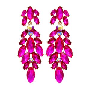 Womens Crystal Rhinestone Dangle Earrings Fuchsia Hot Pink for Proms Wedding Party