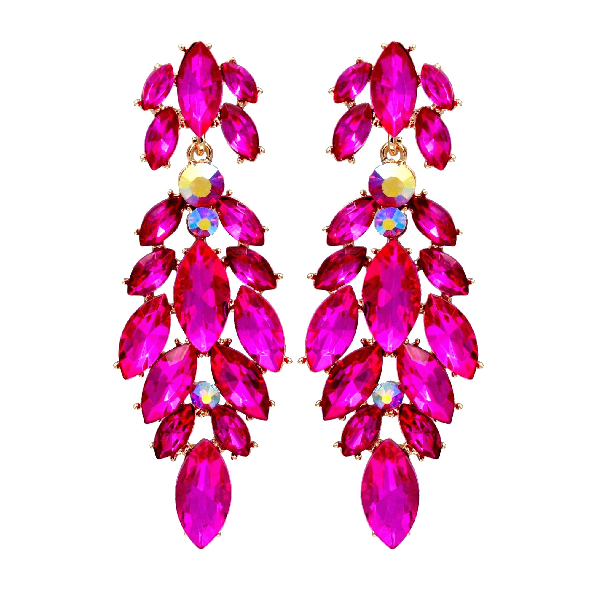 Womens Crystal Rhinestone Dangle Earrings Fuchsia Hot Pink for Proms Wedding Party