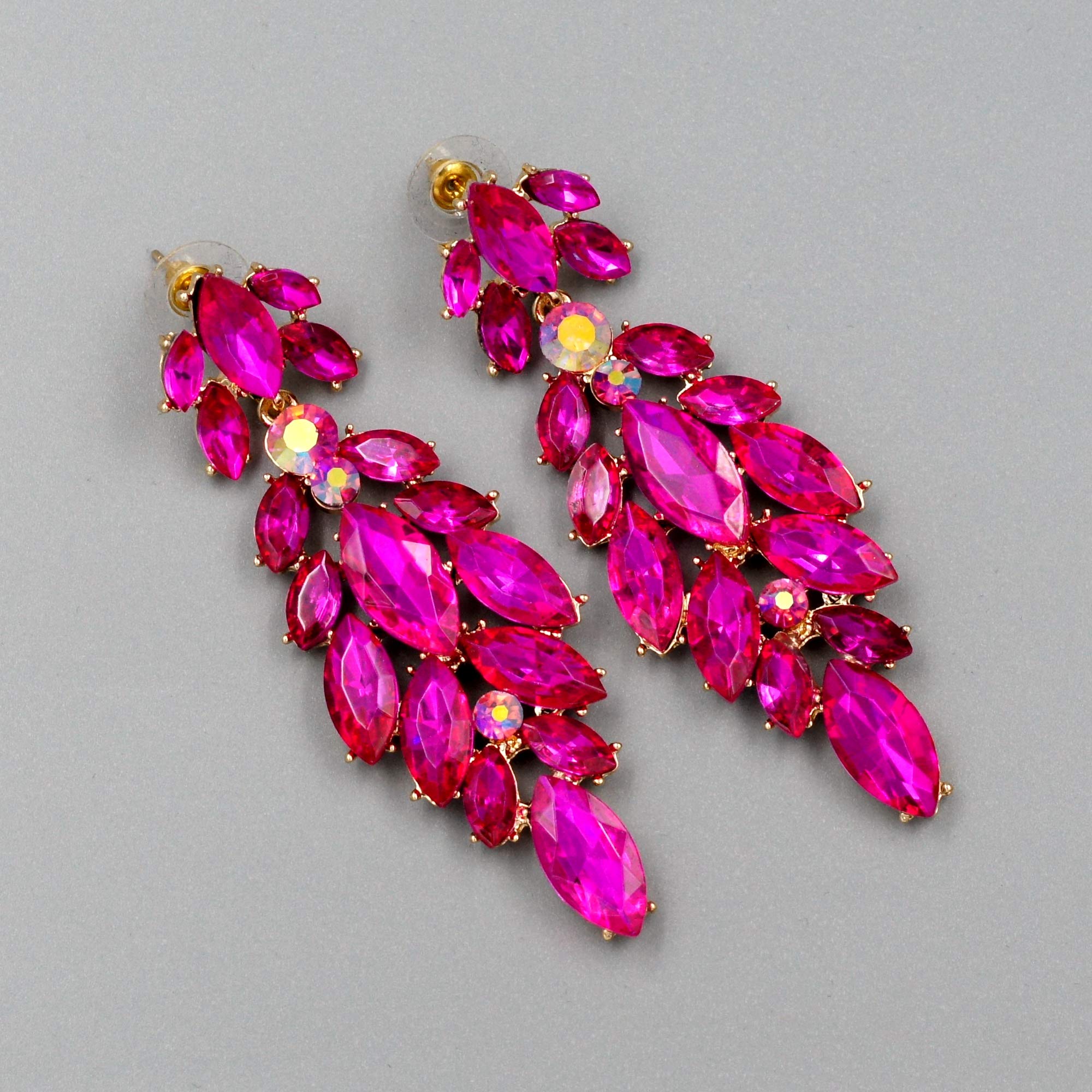 Womens Crystal Rhinestone Dangle Earrings Fuchsia Hot Pink for Proms Wedding Party